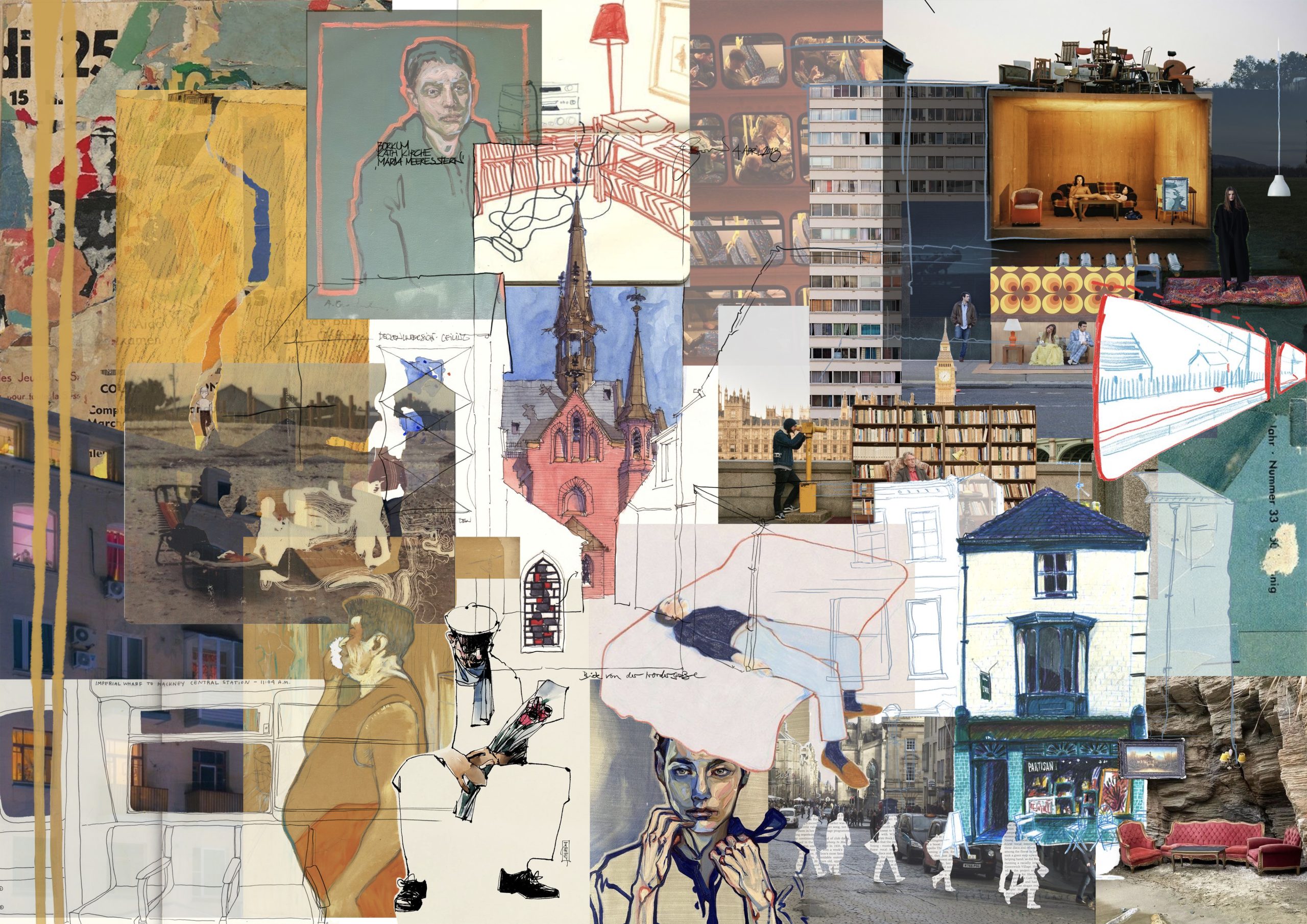 A digital moodboard made up of buildings, sketches and theatre sets.